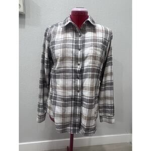 KÜHL Flannel Shirt‎ Womens Small Plaid Long Sleeve Button Down Gray Brown Casual